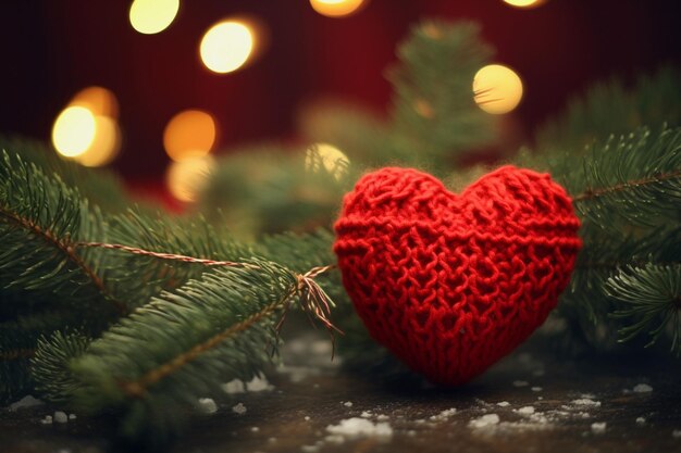 Cœur tricoté rouge sur le fond d'un arbre de Noël et des lumières