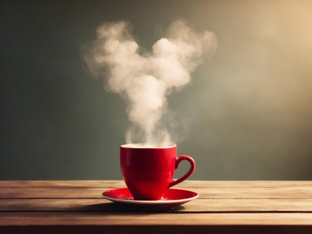 Photo un cœur de vapeur plane au-dessus d'une tasse de café rouge sur une table en bois avec un mur en crème