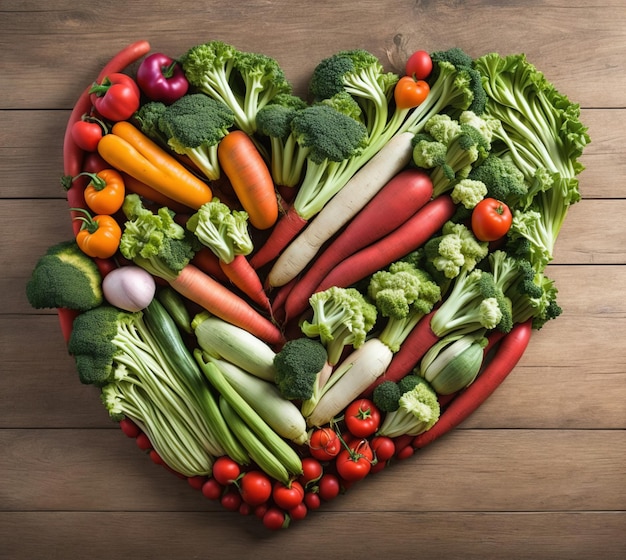 Un coeur végétal en forme de coeur avec des légumes sur une table en bois.