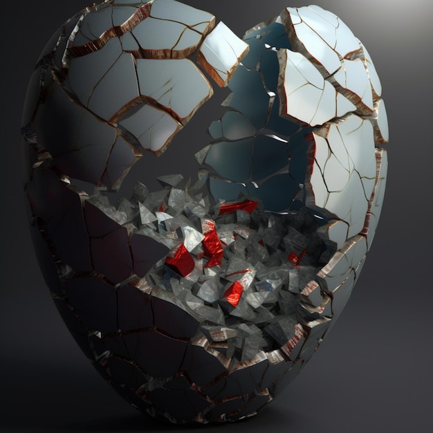 cœur de verre brisé arrafé avec des morceaux rouges de verre cassé génératif ai