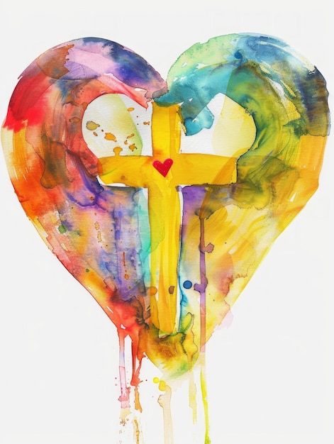 Un cœur vibrant à l'aquarelle embrassant une croix chrétienne jaune