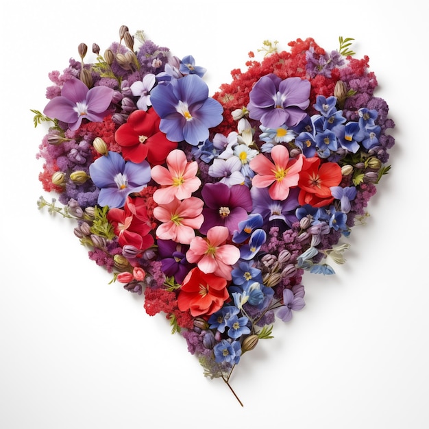 Un cœur vibrant fait avec une variété de fleurs colorées sur un fond blanc