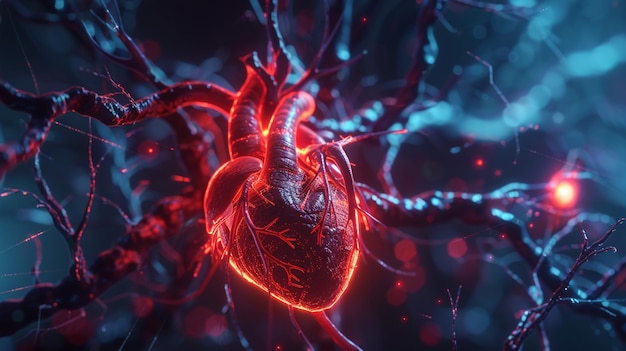 Un cœur vibrant et lumineux au milieu d'un réseau d'artères représenté dans une image 3D haute définition avec une humeur