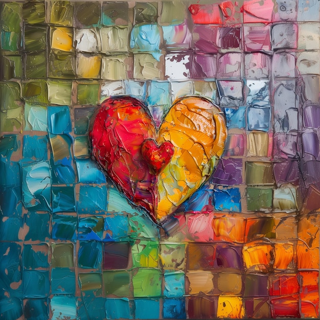 Cœur vibrant sur mosaïque texturée Une peinture à l'huile vivante pour les thèmes de l'amour et l'inspiration artistique