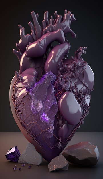 Un coeur violet est dans un récipient en verre.