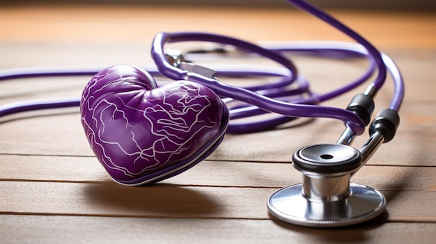 Photo un cœur violet est posé sur une table à côté d'un stéthoscope.