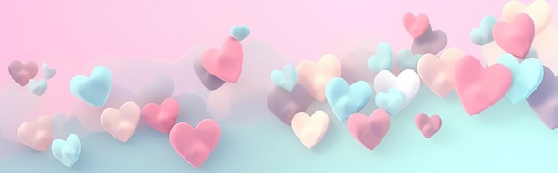 Photo coeurs 3d de couleur pastel vif sur fond de bannière rose avec espace de copie pour la fête de la saint-valentin, mariage, promotion de vacances saisonnières, vue de dessus plate, contenu génératif ai