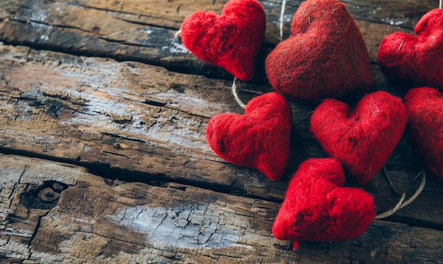 Des cœurs d'amour rouges sur un fond en bois rustique pour la Saint-Valentin