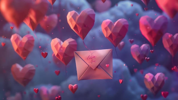 Des coeurs d'artisanat de papier romantique et une enveloppe de lettre d'amour flottant dans une atmosphère capricieuse