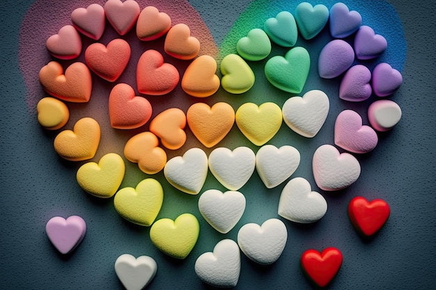 Les coeurs de bonbons de la Saint-Valentin dans un arc-en-ciel de couleurs servent de fond festif