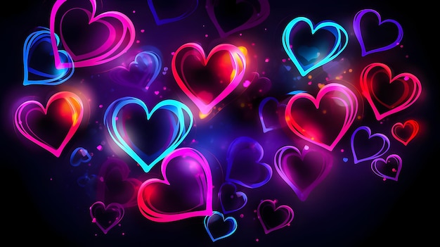 Des cœurs brillants sur un fond noir au néon Bonne idée pour la Saint-Valentin
