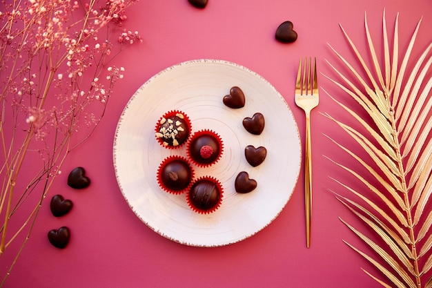 Coeurs en chocolat et bonbons décorés sur l'assiette blanche vintage avec fourchette Dîner romantique Concept Saint Valentin Fond rose gypsophile et décorations dorées Vue de dessus