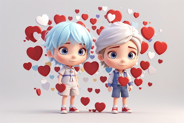 Les cœurs de garçon et de fille 3D isolés sur fond blanc Rendering 3D