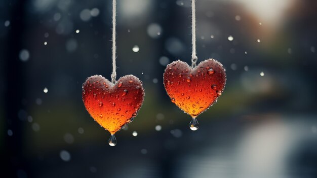 Des cœurs gelés suspendus par une journée d'hiver enneigée