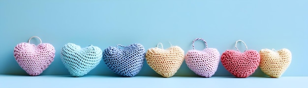 Des coeurs mignons tricotés dans différentes couleurs pastel sur le dos bleu pastel