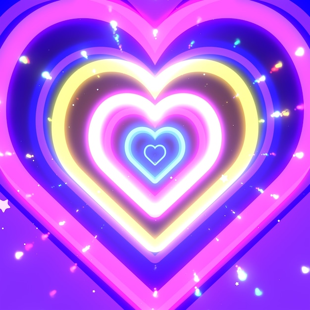 Coeurs néon avec étoiles et effet de faisceaux lumineux colorés