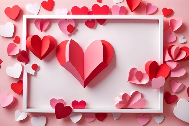 Des cœurs en papier rouge et rose 3D avec une bordure blanche de Valentine