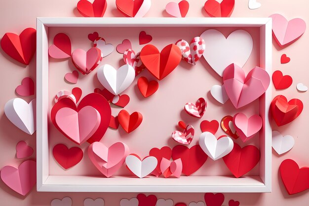 Des cœurs en papier rouge et rose 3D avec une bordure blanche de Valentine