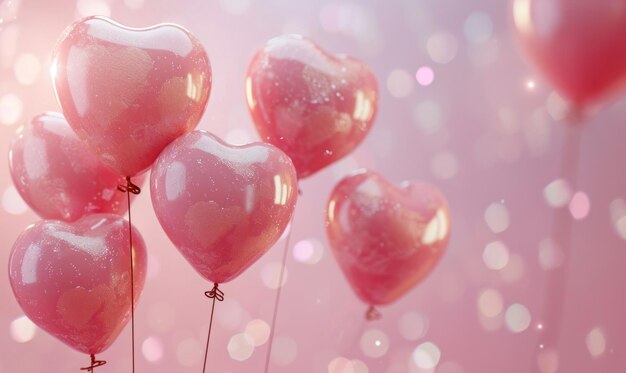 coeurs roses et ballons sur fond rose