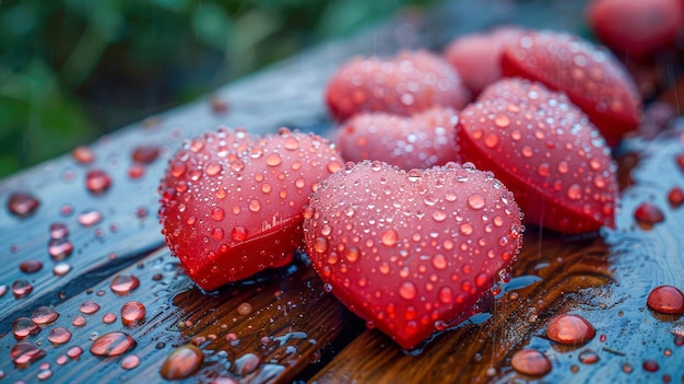 Des cœurs rouges étincelants sur une surface humide, un fond d'amour romantique.