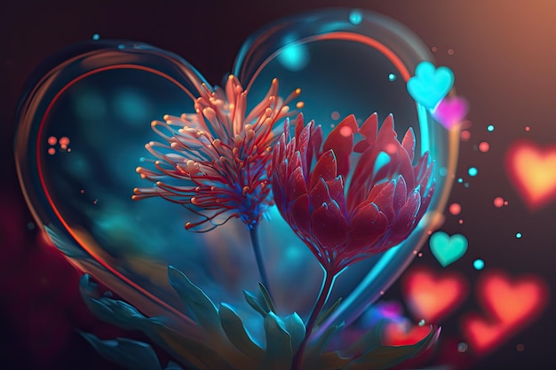 Coeurs de Saint-Valentin 3d colorés avec des éléments de fleurs et effet bokeh