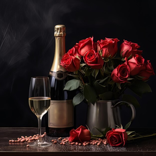 Coeurs de la Saint-Valentin à l'arrière-plan avec du vin et des fleurs