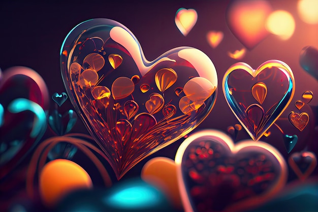 Coeurs de Saint-Valentin colorés avec fond effet bokeh