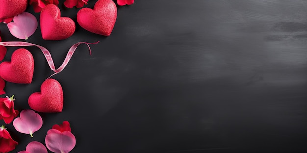 Coeurs de Saint-Valentin et pétales de rose sur tableau noir avec espace de copie