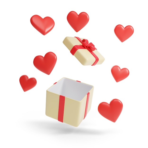 Des cœurs sortant d'une boîte à cadeaux isolés sur un fond blanc illustration 3D