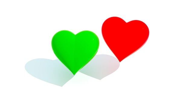Coeurs verts et rouges sur fond blanc.