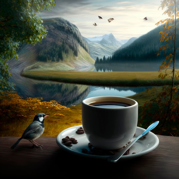 Coffee Bliss Serene Nature39s Embrace with Mountains a Lake and a Chirping Finch by the Cafe