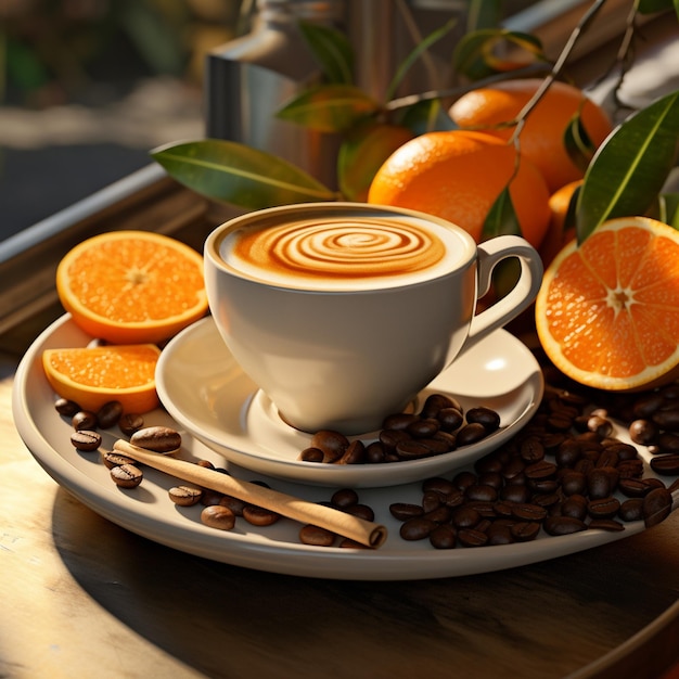 Coffee latte art avec des grains de café et de l'orange