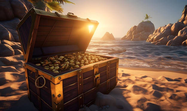 Coffre au trésor doré sur la plage de sable dans le style hyperréaliste Sea of Thieves rendu avec Unreal Engine et Octane 8K