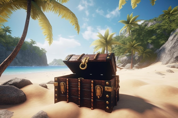 Un coffre au trésor se trouve sur une plage avec des palmiers en arrière-plan.