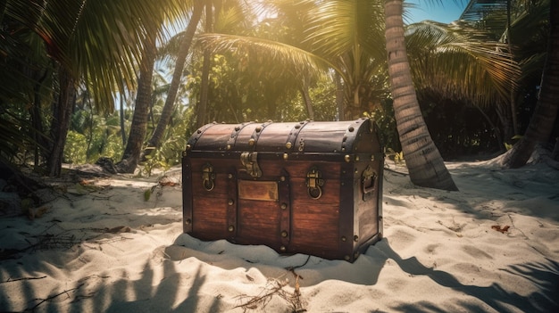 Un coffre au trésor se trouve sur une plage sous les palmiers.