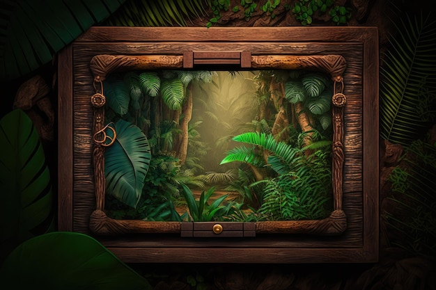 Coffre dans la jungle avec cadre en rondins de bois
