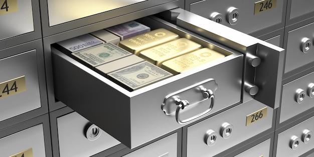 Photo coffre-fort bancaire avec billets d'argent et lingots d'or dans un tiroir illustration 3d