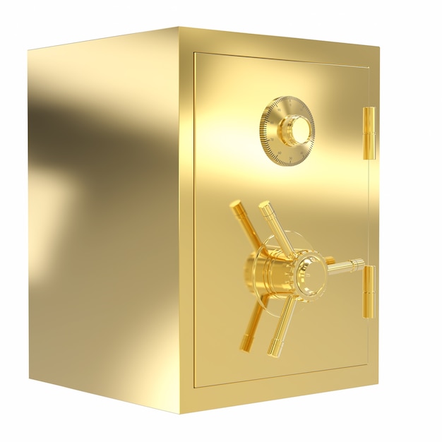 Coffre-fort de banque d'or de rendu 3D isolé sur blanc
