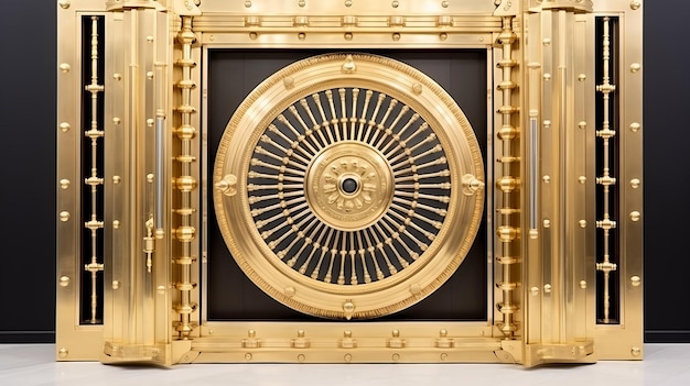Coffre-fort d'or avec un motif sur fond noir rendu 3d ai génératif