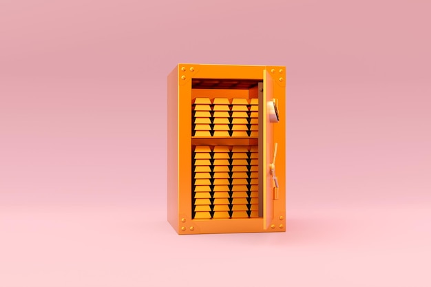 Coffre-fort en or réaliste avec des lingots d'or et un rendu 3d de couvercle ouvert sur fond rose