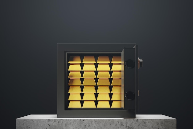 Coffre-fort ouvert plein de lingots d'or debout contre un mur noir sur une table en marbre. Concept de sécurité et d'économie. maquette de rendu 3d