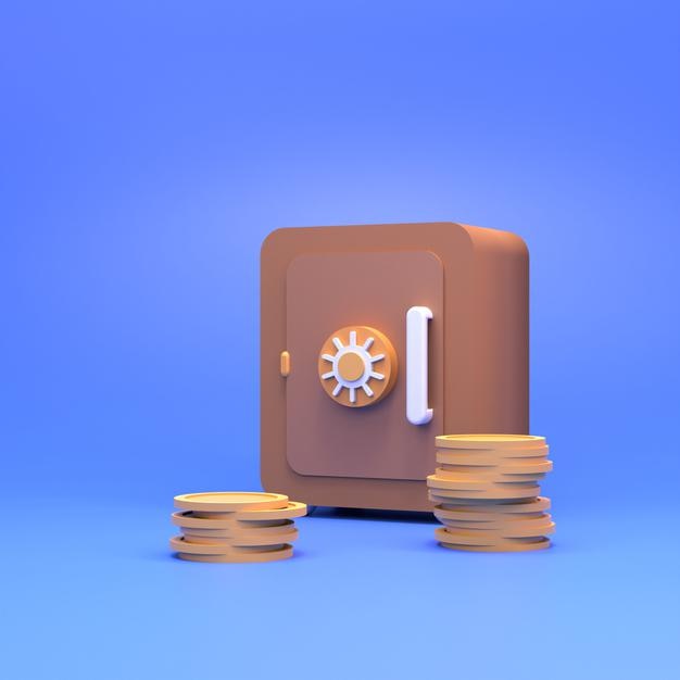 Coffre-fort avec des pièces d'or autour. Concept d'économie de finances. illustration de rendu 3D