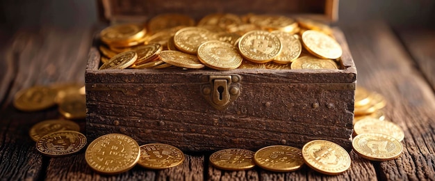 Photo coffre monnaies d'or sur fond en bois hd fond papier peint papier peint de bureau