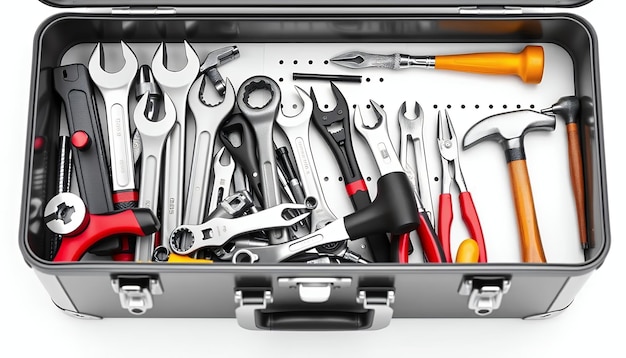 Un coffre à outils organisé, un ensemble de clés, de marteaux et de pinces de précision