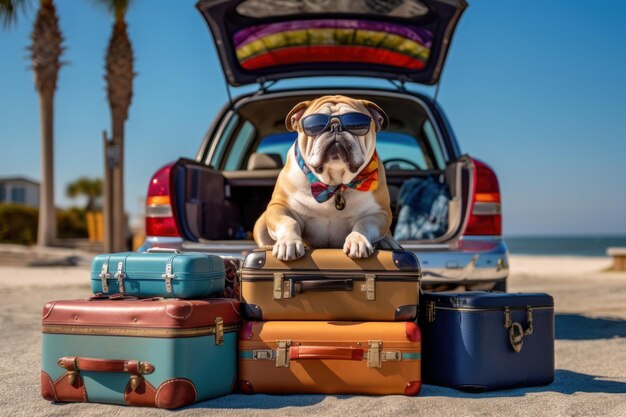 Photo coffre de voiture avec chien mignon et bagages concept de voyage pour chien ai générative