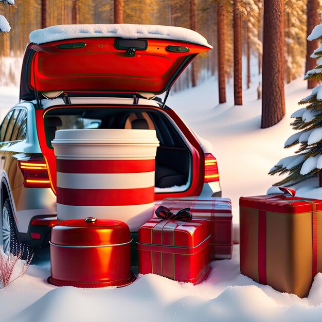 Le coffre de la voiture est décoré pour la célébration de Noël et du Nouvel An dans une forêt enneigée d'hiver