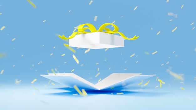 Coffret blanc rendu 3D avec ruban jaune exploser sur bleu