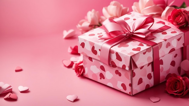 Coffret cadeau d'anniversaire sur fond rose toile de fond avec espace de copie