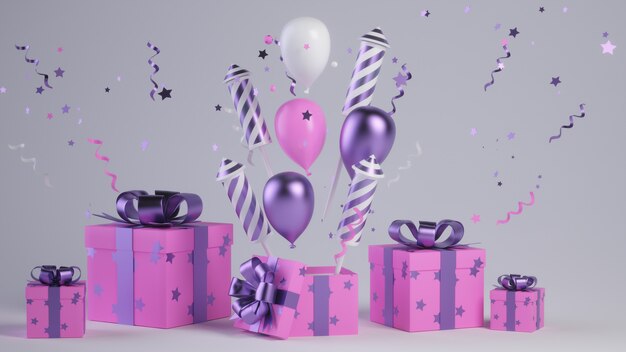 Photo coffret cadeau avec arc et ballons rendu 3d