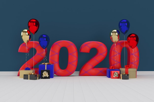 Photo coffret cadeau avec ballon. bonne année 2020. rendu 3d